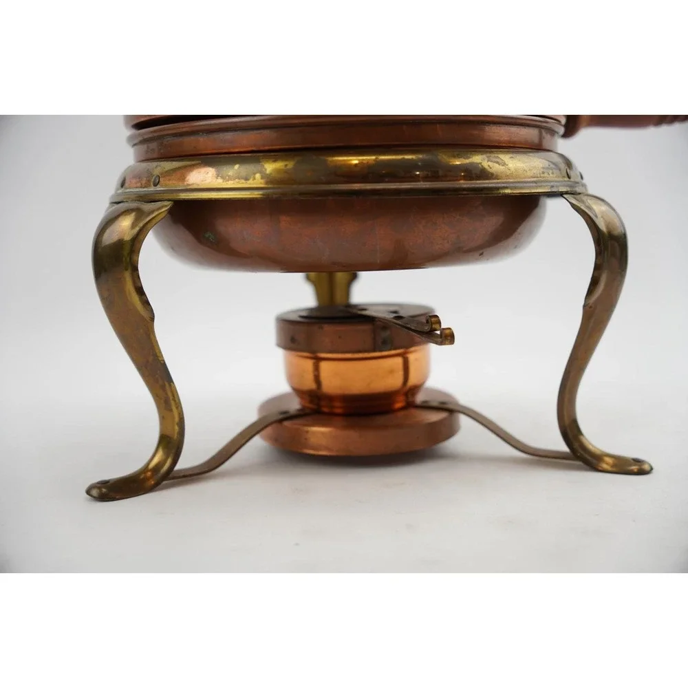 Vtg‎ Copper & Brass Skillet Chafing Warming Dish w/Stand, Lid, Sterno Holder
